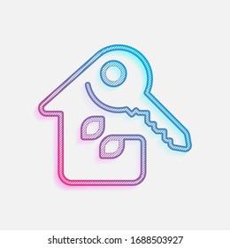 Eco house with key. Linear icon with thin outline. One line style. Technology logo with diagonal lines and colored gradient. Neon graphic, light effect. Blue and red colors