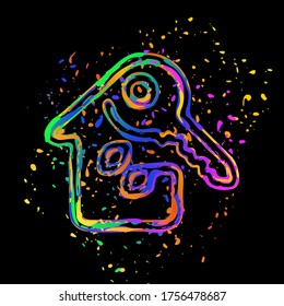 Eco house with key. Linear icon with thin outline. One line style. Colored ink with splashes on black background