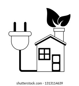 Eco house with leaf and electric plug in black and white
