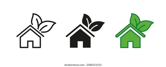 Eco house leaf icon. Green home with leaves on the roof vector illustration. Sustainable living and environmentally friendly concept. Renewable and organic lifestyle symbol. Eco-conscious housing sign