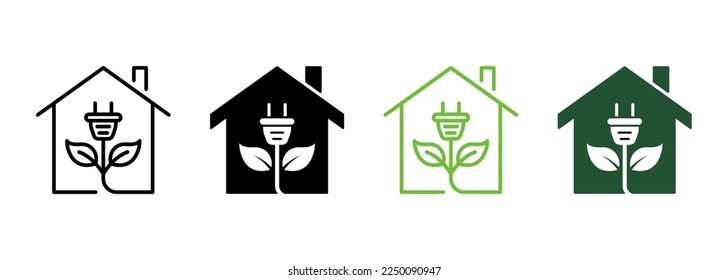Eco House with Leaf and Plug Line and Silhouette Icon Color Set. Natural Home with Green Energy Pictogram. Ecology Real Estate Symbol Collection on White Background. Isolated Vector Illustration.