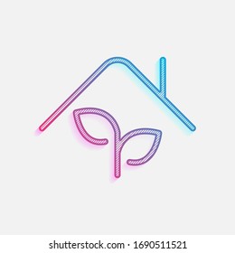 Eco house, leaf and roof. Colored logo with diagonal lines and blue-red gradient. Neon graphic, light effect