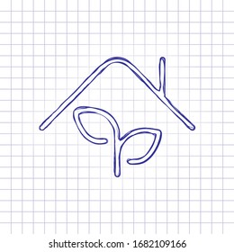 Eco house, leaf and roof. Hand drawn picture on paper sheet. Blue ink, outline sketch style. Doodle on checkered background