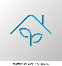 Eco house, leaf and roof. Paper design. Cutted symbol with shadow
