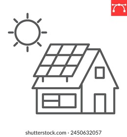 Eco línea de la casa icono, ecología y construcción , casa con panel solar Vector icono, gráficos de Vector, trazo editable contorno signo, eps 10.