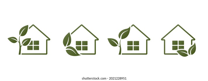 eco house line icon set. eco friendly and environmental building symbols. leaf and house. vector green images