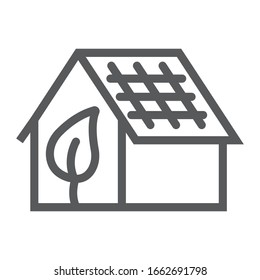 Icono de línea de casa ecológica, tecnología y energía alternativa, casa con signo de salida, gráficos vectoriales, un patrón lineal en un fondo blanco, cepos 10