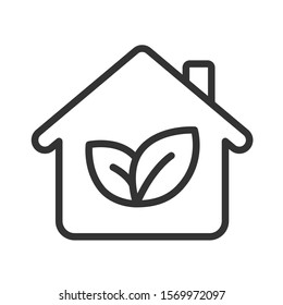 Eco house line vector icon isolated on white background. House with leaves outline stock icon for web and ui design. Eco friendly alternative energy concept.