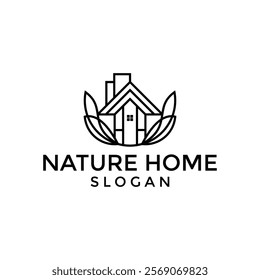 Eco house logo design. Abstract tree home line icon. Forest cabin nature emblem. Sustainable building symbol. Vector illustration.