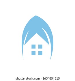 eco house logo design with leaf on roof isolated on white background