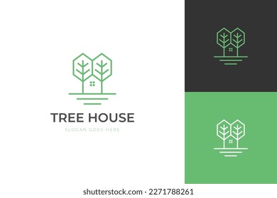 Eco house logo design. vector symbol Abstract tree home line icon design. Forest cabin nature tree graphic concept for Sustainable building, forest, ecology sign