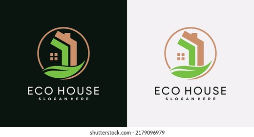 Eco house logo icon template with green leaf and creative element