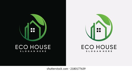 Eco house logo icon template with green leaf and creative element