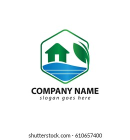 Eco house logo with leaf, hexagonal shape