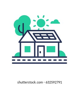 Eco House - modern vector single line icon. An image of a green domicile that runs on ecologically clean energy, tree, sun, cloud, battery. Invention, inspiration, better tomorrow, healthy life