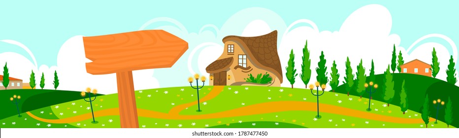 Eco house nature landscape vector illustration. Cartoon flat panoramic natural countryside skyline with fantasy village, farm home family cottages, road on fresh grass land, green ecology background