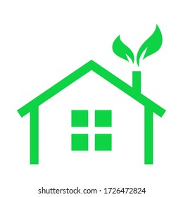 Eco house with plant pipe pictogram. Private building icon. Green home concept. Window, pipe, roof with leaves background.