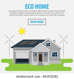Eco house producing clean energy from a windmill and solar battery. Green energy an eco friendly traditional and modern house.
