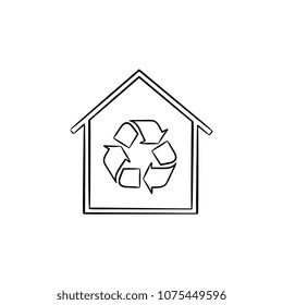 Eco house with recycle symbol hand drawn outline doodle icon. Building with recycle sign vector sketch illustration for print, web, mobile and infographics isolated on white background.
