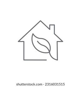 Eco house related vector linear icon. Home with leaf. Sustainable development. Eco friendly real estate. Vector outline illustration Isolated on white background. Editable stroke