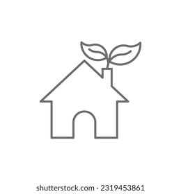 Eco house related vector linear icon. Home with leaf from the pipe. Sustainable development. Eco friendly real estate. Vector outline illustration Isolated on white background. Editable stroke