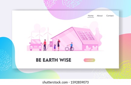 Eco House, Renewable Energy and Environment Protection Website Landing Page. Solar Panels on Building Roof, Man Charging Electric Car in Yard, Ecology Web Page Banner. Cartoon Flat Vector Illustration