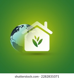 Eco House, Smart Home Concept Design - Pictogram, Symbol, House Icon With Leaves and Earth Globe on Green Background - Illustration in Editable Vector Format