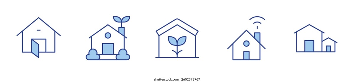 eco house, smart home, open house, eco home, neighborhood. Home Icon vector illustration. Line Duotone style. Editable stroke.