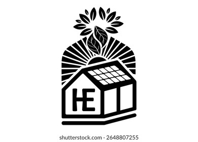 Eco casa solar com letra o sol raios folha silhueta vetor