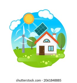 Casa ecológica con panel solar y turbina eólica sobre un césped verde y soleado. Tecnologías ambientales para el ahorro de energía. Ilustración de material vectorial en un fondo redondo.