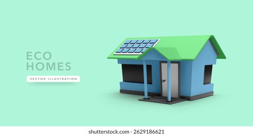 Eco House With Solar Panels on Green Roof, 3D Illustration Promoting Clean Energy, Renewable Resources, and Sustainable Living Concept. Vector Illustration.