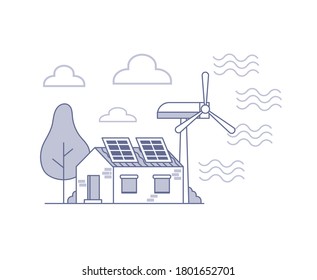 ECO house with solar panels and wind turbine. isolated design. Flat vector design