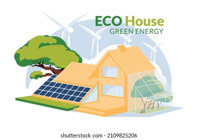 Eco House With Solar Panels, Windmill Turbines  And Green House Concept. Web Icon And Infographic. Recycle And Renewble Enerrgy Home Concept. Flat Vector Iluustration