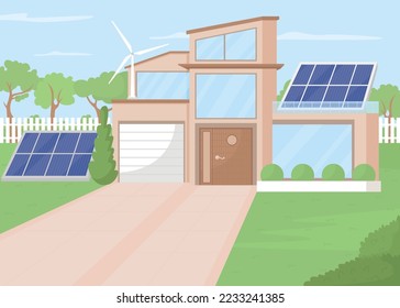Eco house with solar panels and windmills flat color vector illustration. Renewable power sources for home needs. Fully editable 2D simple cartoon landscape with blue sky on background