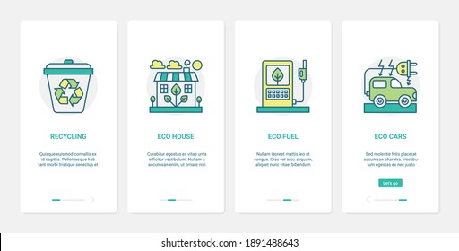 Eco house technology to save ecology of earth vector illustration. UX, UI onboarding mobile app page screen set with line environmental recycling symbols of eco house, car transport, green fuel