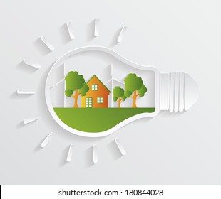 Eco house and trees in the light bulb