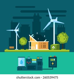 Eco house in urban scene with green energy illustration vector