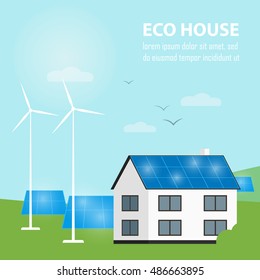 Eco house vector illustration. House with blue solar panels on the roof. Wind generator turbine and solar panels near house. The production of energy from the sun and wind. Countryside landscape