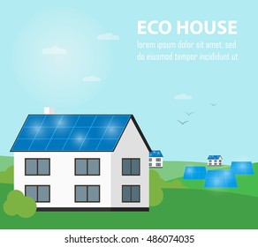 Eco house vector illustration. Solar panels on suburban home. Eco settlement. The production of energy from the sun. Green power. Modern alternative energy generation. Countryside landscape