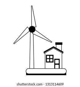 eco house with wind turbine in black and white