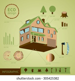 Eco house. Wooden cottage with construction elements. Info graphic template.