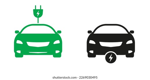 Eco Hybrid Transportation Solid Sign Set. Electric Car with Plug Ecology Vehicle Glyph Icon. EV Transport. Electro Vehicle with Charger Silhouette Pictogram. Isolated Vector Illustration.