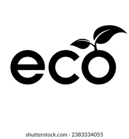 Eco Icon with Black Letters and 2 Leaves on a White Background