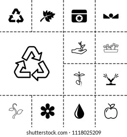 Eco icon. collection of 13 eco filled and outline icons such as water drop, arrow up, watering system, recycle, sprout, apple. editable eco icons for web and mobile.