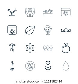 Eco icon. collection of 16 eco outline icons such as flower, leaf, sprout, arrow up, watering system, apple, tree, water drop. editable eco icons for web and mobile.