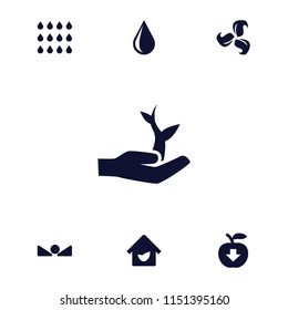 Eco icon. collection of 7 eco filled icons such as water drop, arrow up, drop, plant on hand, apple download. editable eco icons for web and mobile.