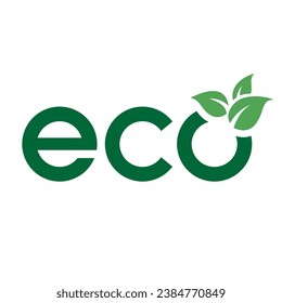 Eco Icon with Dark Green Lowercase Letters and 3 Leaves on a White Background