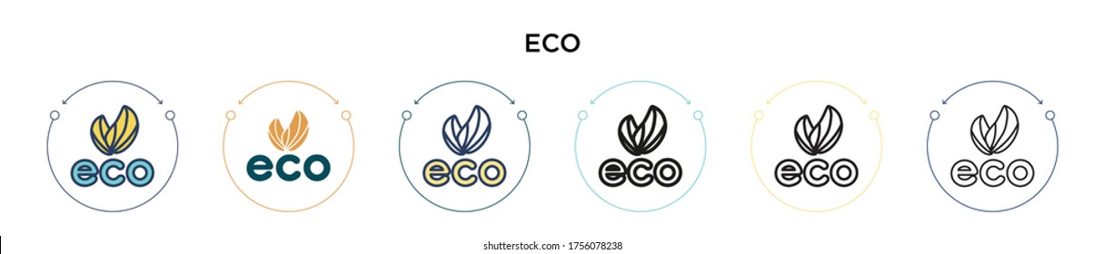 Eco Symbol in vollem, dünnen Linie, Umriss und Strich Stil. Vektorgrafik zweier farbiger und schwarzer Eco-Vektorsymbole kann für mobile, i, web-gestützte