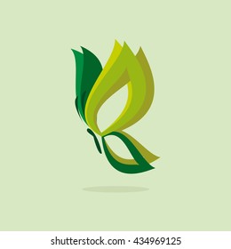 Eco icon green butterfly symbol. Vector illustration isolated on the light background. Fashion graphic design. Beauty concept. Vivid colors butterfly logo. Smooth shape. Plain flat style colors.