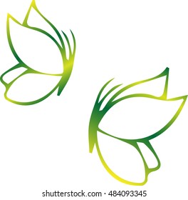 Eco icon green butterfly symbol. Vector illustration isolated on the light background. Fashion graphic design. Beauty concept. Vivid colors butterfly logo. Smooth shape. Plain flat style colors.